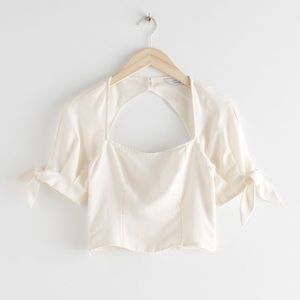 Lyocell Linen Blend Tie Sleeves Top - white